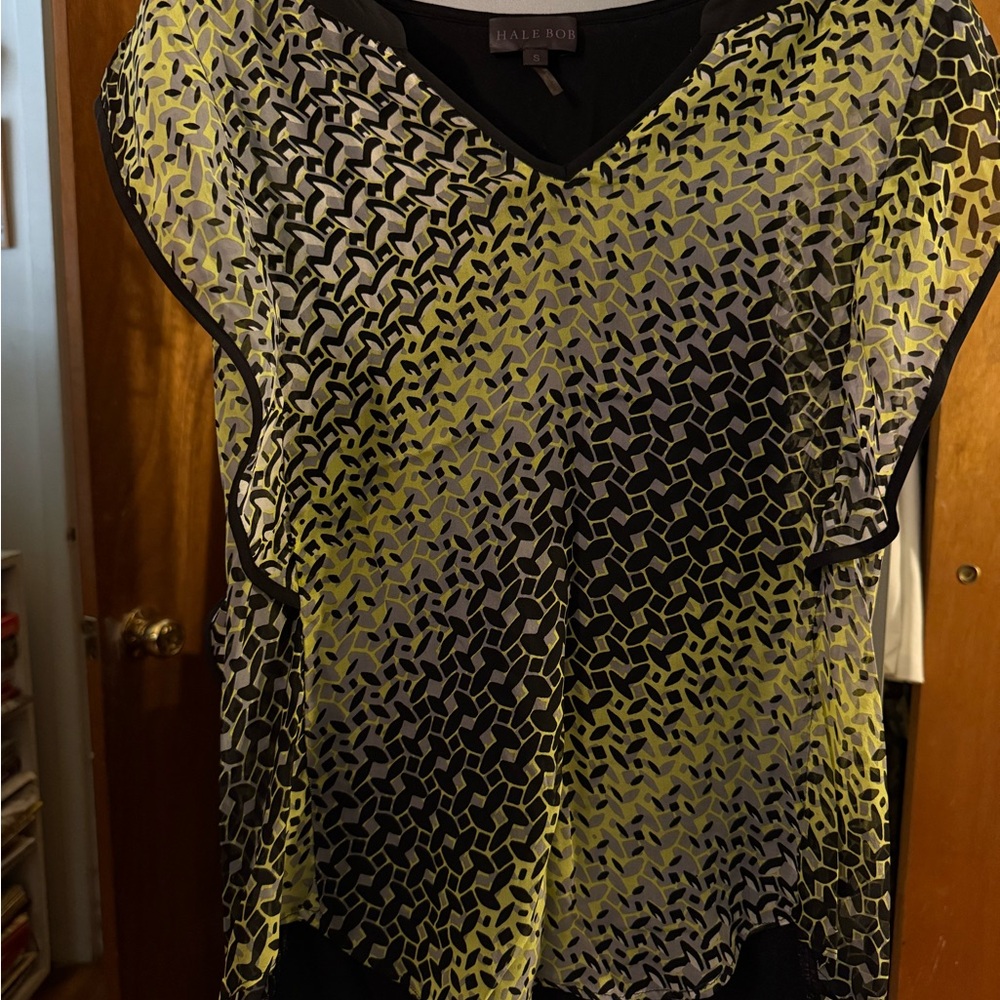 Hale Bob Black and Yellow Patterned Silk Blouse
